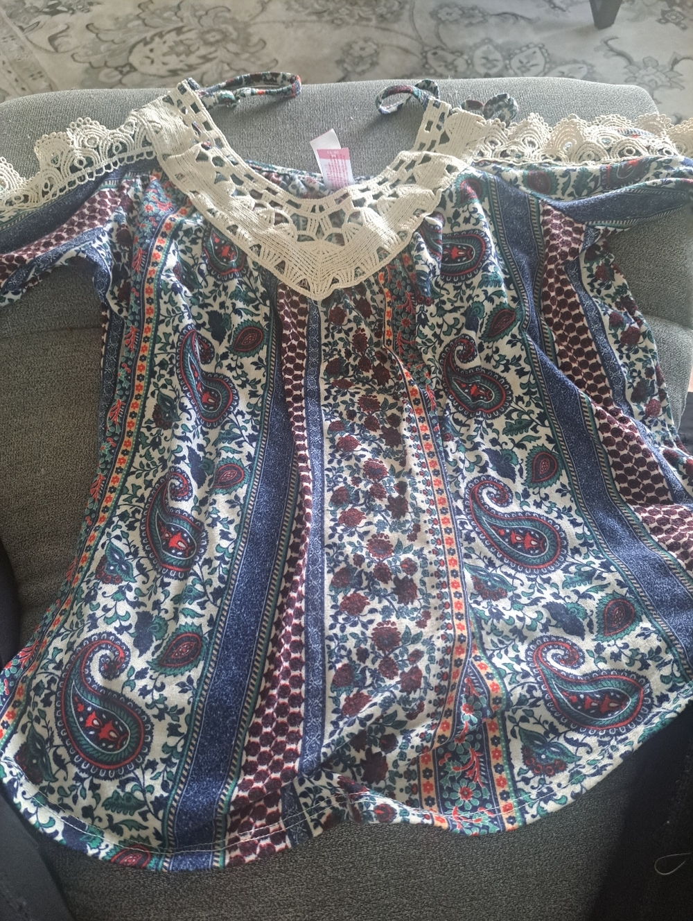 Girls' Boho Paisley Cold-Shoulder Top with Lace Trim - Multicolor